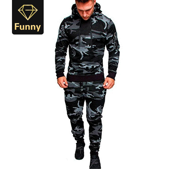 2021 High quality Men two Piece Set Tracksuit Autumn Winter Camou Hoodies Casual Suits Drawstring Sportswear Plus Size
