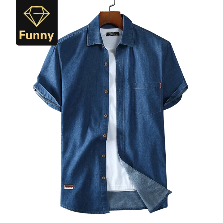 2021 High quality Men denim short-sleeved shirt cotton Summer fashion solid color breathable comfortable plus size