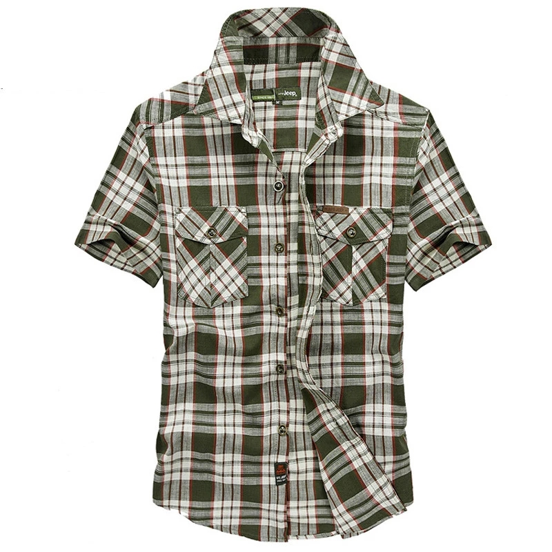 Summer Plaid Shirt Men Short Sleeve Military Casual Loose Mens Shirts Thin Cotton Men Shirts