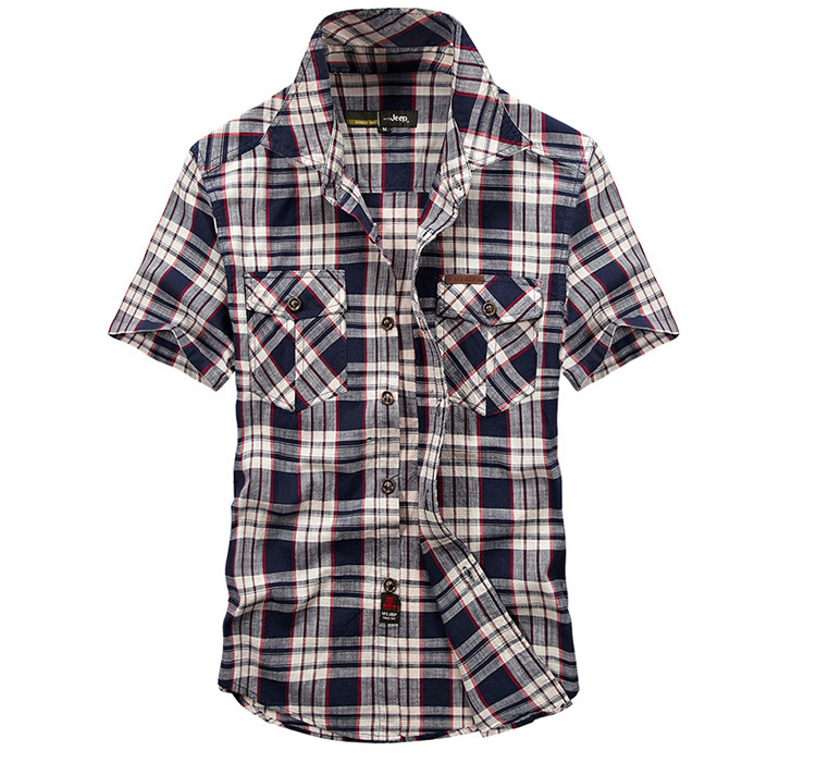 Summer Plaid Shirt Men Short Sleeve Military Casual Loose Mens Shirts Thin Cotton Men Shirts