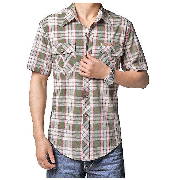 Summer Plaid Shirt Men Short Sleeve Military Casual Loose Mens Shirts Thin Cotton Men Shirts