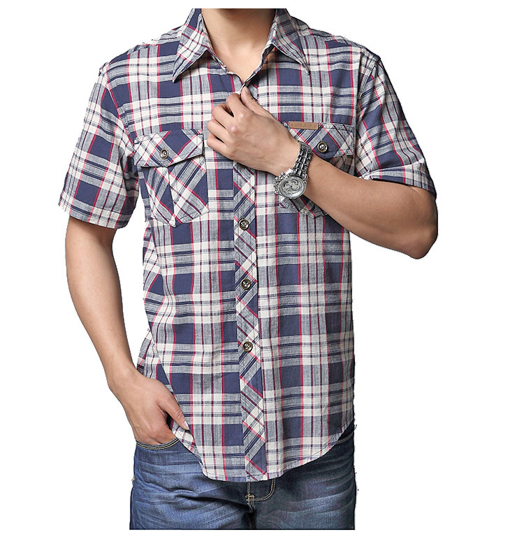Summer Plaid Shirt Men Short Sleeve Military Casual Loose Mens Shirts Thin Cotton Men Shirts