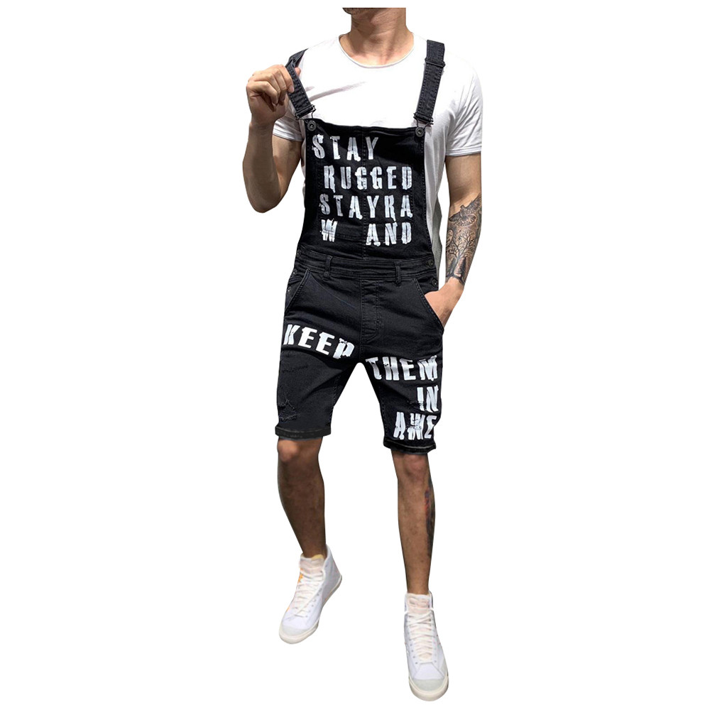 Men Letter Pocket Jeans Overall Jumpsuit Casual Loose Streetwear RompeOverall Suspender Short Pants