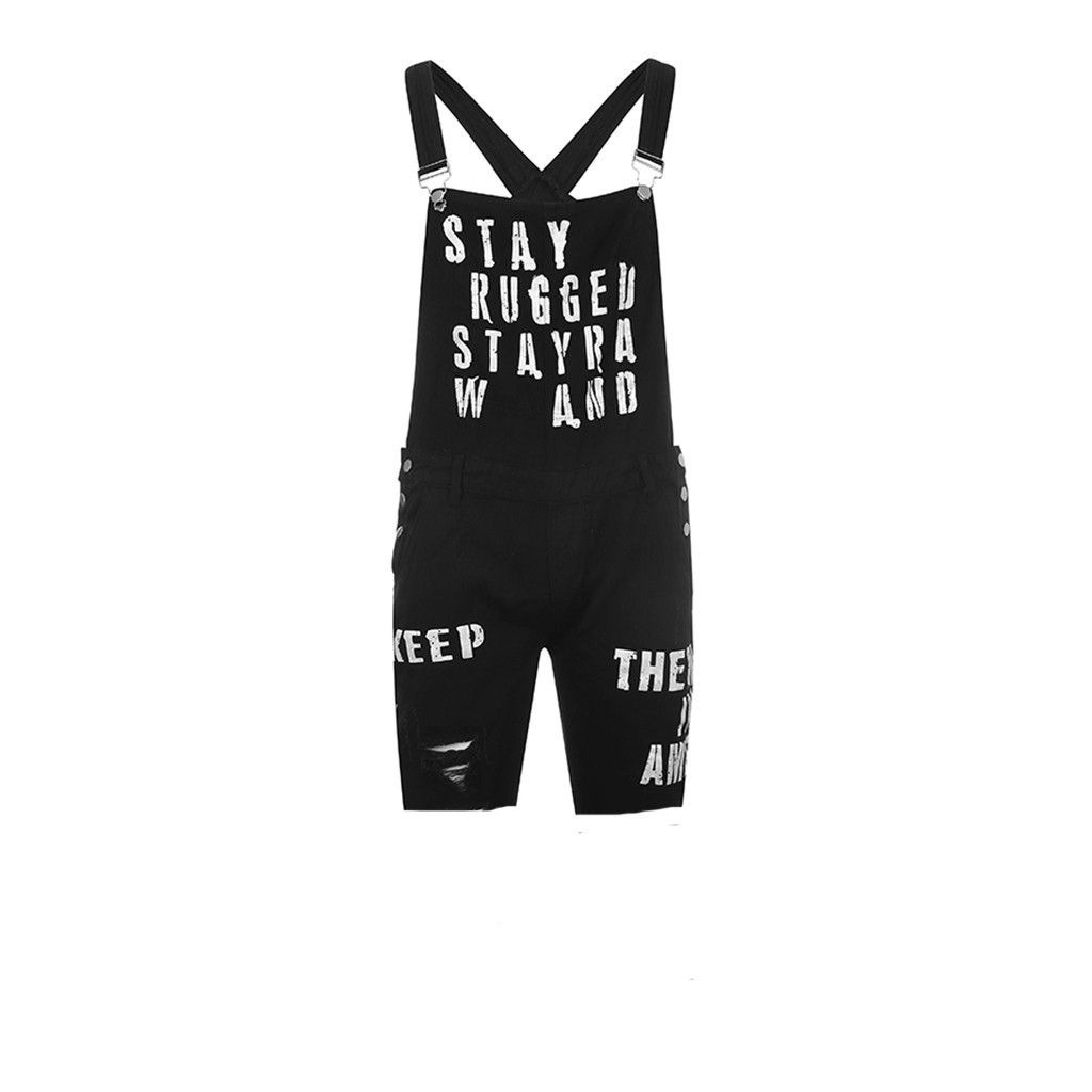 Men Letter Pocket Jeans Overall Jumpsuit Casual Loose Streetwear RompeOverall Suspender Short Pants
