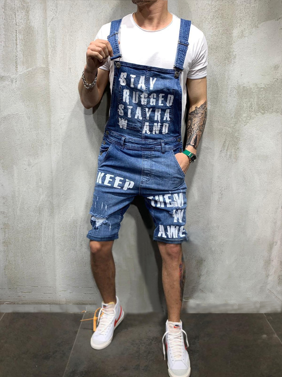 Men Letter Pocket Jeans Overall Jumpsuit Casual Loose Streetwear RompeOverall Suspender Short Pants