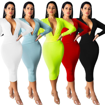 2021 High quality Women Long Sleeve Bandage Dress Sexy Deep V Neck Bodycon Club Dress Midi Evening Party Dress
