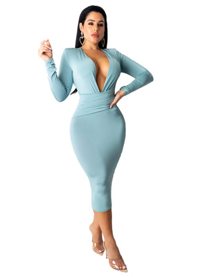 2021 High quality Women Long Sleeve Bandage Dress Sexy Deep V Neck Bodycon Club Dress Midi Evening Party Dress