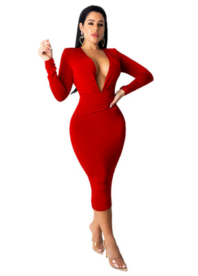 2021 High quality Women Long Sleeve Bandage Dress Sexy Deep V Neck Bodycon Club Dress Midi Evening Party Dress