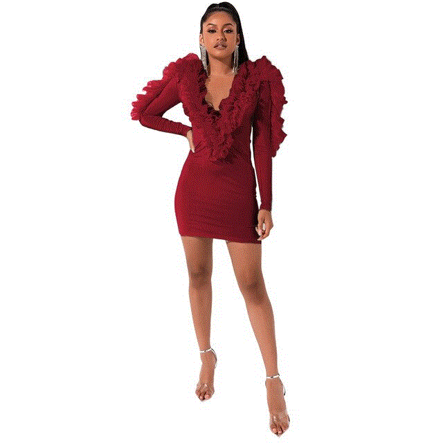 2021 High quality mesh ruffles splicing v-neck long sleeve midi dress sexy night party club dresses