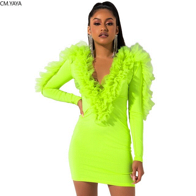 2021 High quality mesh ruffles splicing v-neck long sleeve midi dress sexy night party club dresses