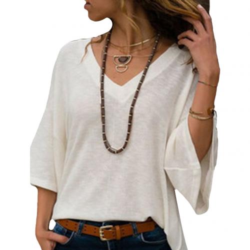 2021 High quality Moderna Camiseta de punto para mujer, de Color liso, escote en V, manga 3/4, informal Suelto