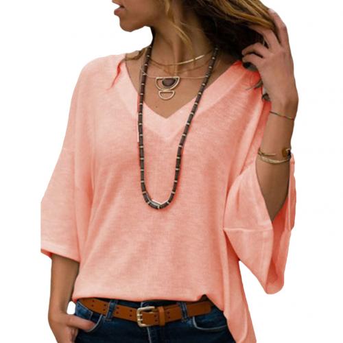 2021 High quality Moderna Camiseta de punto para mujer, de Color liso, escote en V, manga 3/4, informal Suelto