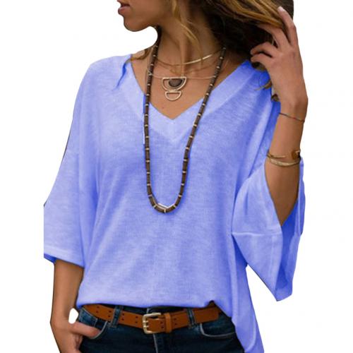 2021 High quality Moderna Camiseta de punto para mujer, de Color liso, escote en V, manga 3/4, informal Suelto