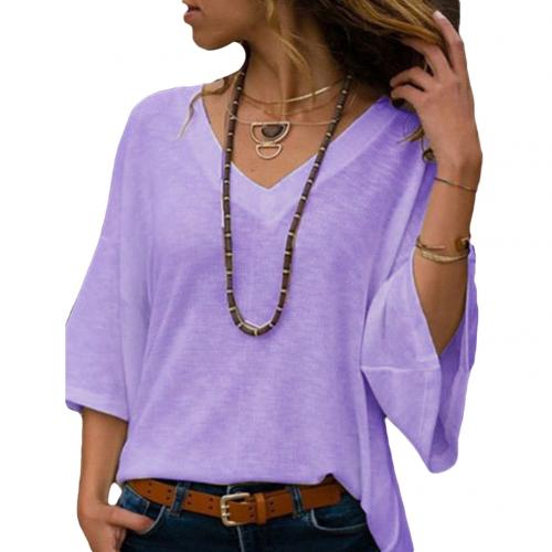 2021 High quality Moderna Camiseta de punto para mujer, de Color liso, escote en V, manga 3/4, informal Suelto