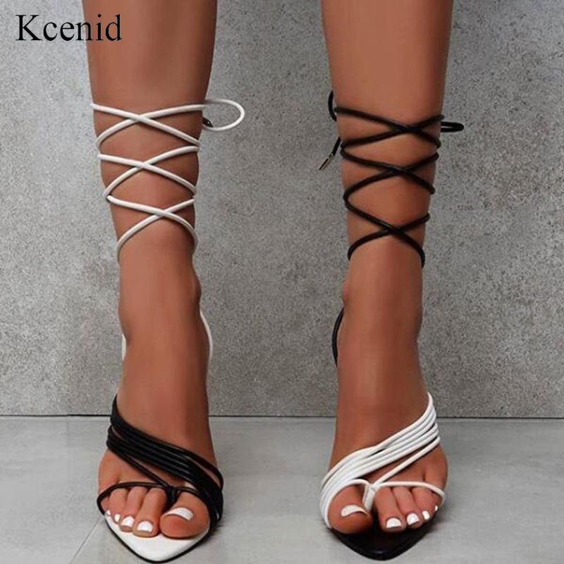 2021 High quality Summer women sandals ladies white black strappy high heel lace-up female shoes