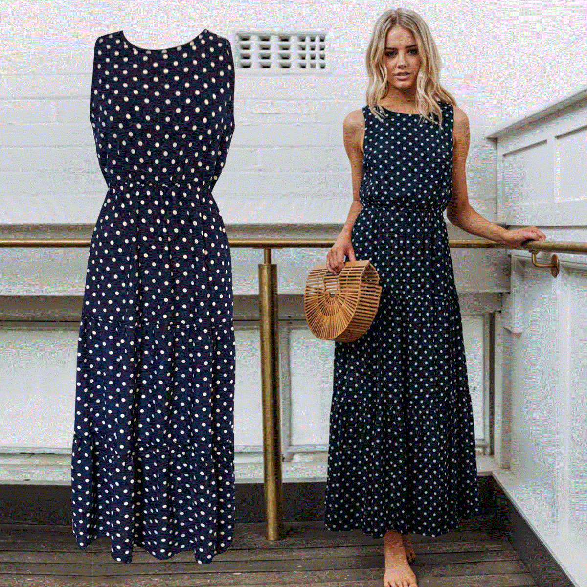 2021 High quality Bohemian Sweet Causal Women Dress Sleeveless Dot Print Ankle-Length Dress Sundress