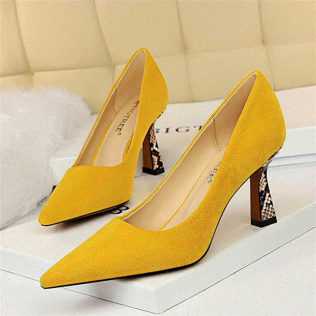 2021 High quality Women 7.5cm High Heels Shoes Office Yellow Snake Print Snakeskin Heels