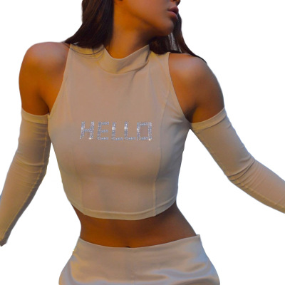 2021 High quality Diamonds letter shirts for women o-neck strapless tops full sleeve mesh sexy summer fashion tops