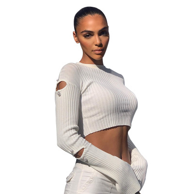 2021 High quality Women Sweaters Autumn Fashion Hole Beading Flare Sleeve Tops Female Casual