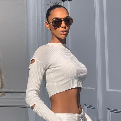 2021 High quality Women Sweaters Autumn Fashion Hole Beading Flare Sleeve Tops Female Casual