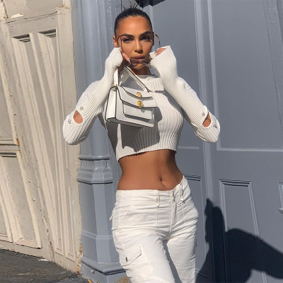 2021 High quality Women Sweaters Autumn Fashion Hole Beading Flare Sleeve Tops Female Casual