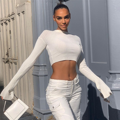 2021 High quality Women Sweaters Autumn Fashion Hole Beading Flare Sleeve Tops Female Casual