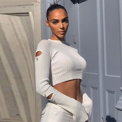 2021 High quality Women Sweaters Autumn Fashion Hole Beading Flare Sleeve Tops Female Casual