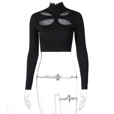 2021 High quality Hollow Out Hole Turtleneck Sweater Women Sweatshirt Cropped Solid Skinny Tops