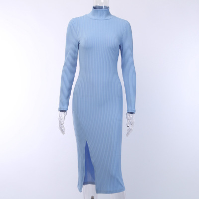 2021 High quality Cotton Knit Turtleneck Solid Color Split Long Sleeve Elegant Dress