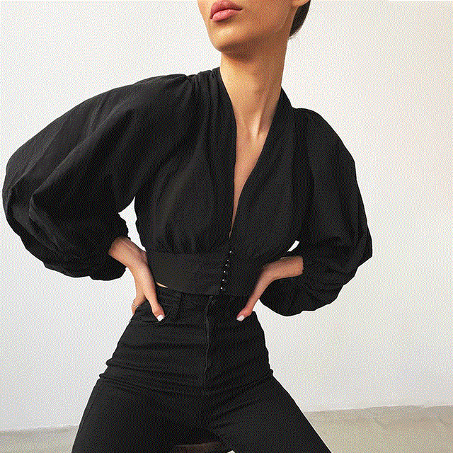 2021 High quality Sexy Top Shirt Black Lantern Sleeve Women Blouse V Neck Female Top Single-Breasted Blouses