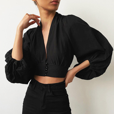 2021 High quality Sexy Top Shirt Black Lantern Sleeve Women Blouse V Neck Female Top Single-Breasted Blouses