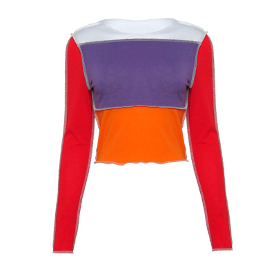 2021 High quality Patchwork Long Sleeve O-Neck Women T-Shirts Color Blocking Fashion Casual Slim Top