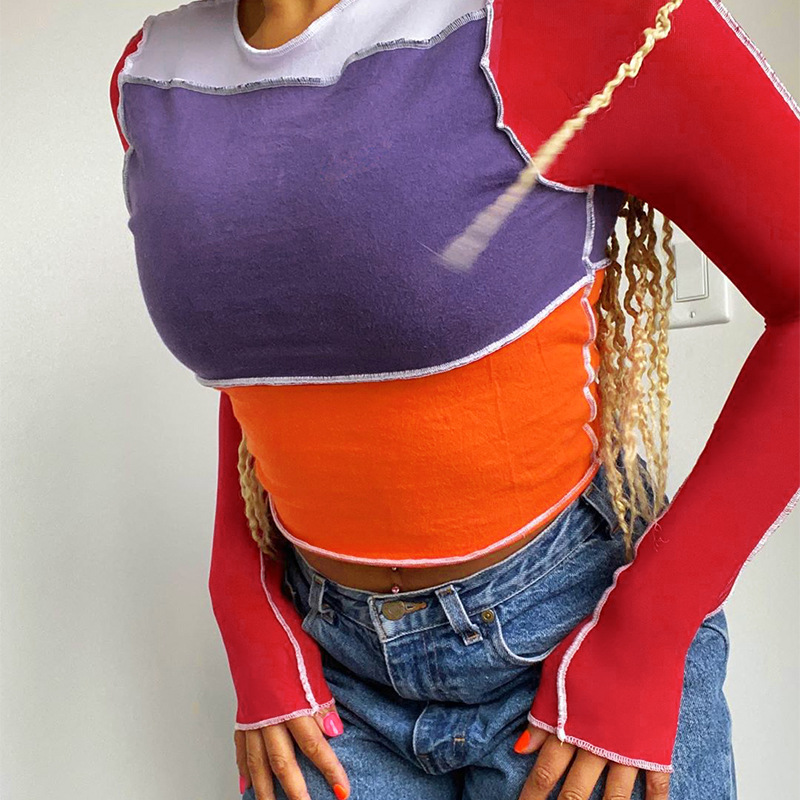 2021 High quality Patchwork Long Sleeve O-Neck Women T-Shirts Color Blocking Fashion Casual Slim Top