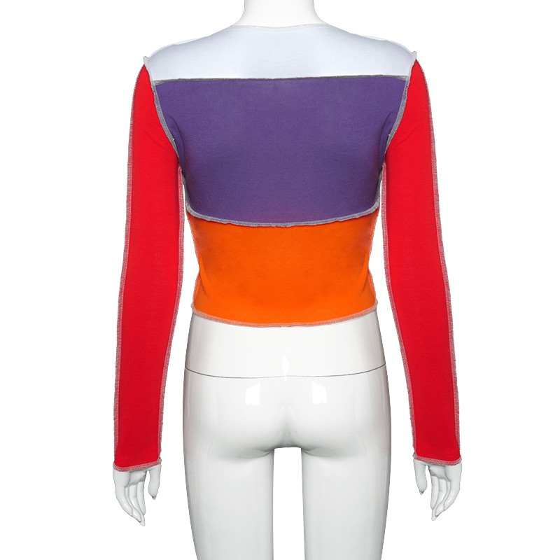 2021 High quality Patchwork Long Sleeve O-Neck Women T-Shirts Color Blocking Fashion Casual Slim Top