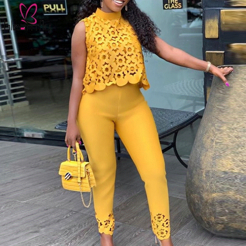 2021 High quality Womens Two Piece Sets Lace Hollow Out Crop Top and Pants Elegant Suit