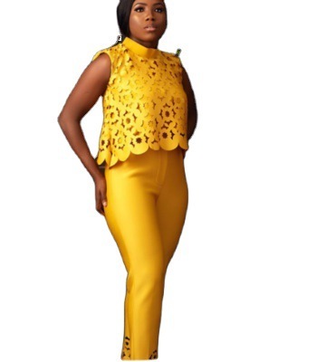 2021 High quality Womens Two Piece Sets Lace Hollow Out Crop Top and Pants Elegant Suit