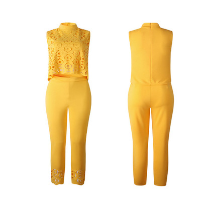 2021 High quality Womens Two Piece Sets Lace Hollow Out Crop Top and Pants Elegant Suit