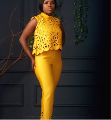 2021 High quality Womens Two Piece Sets Lace Hollow Out Crop Top and Pants Elegant Suit