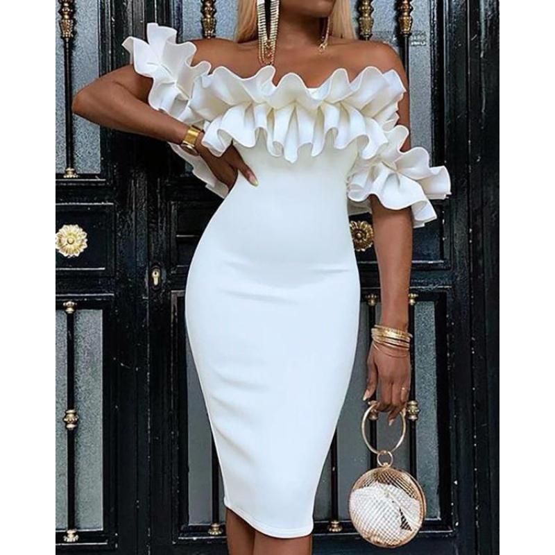 2021 High quality Off Shoulder Ruched Design Dress Women Chic Elegant Solid White Night Out Club Party Slim Fit Dress