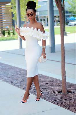 2021 High quality Off Shoulder Ruched Design Dress Women Chic Elegant Solid White Night Out Club Party Slim Fit Dress