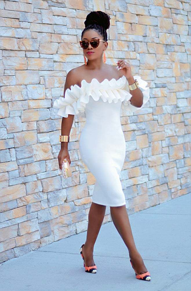 2021 High quality Off Shoulder Ruched Design Dress Women Chic Elegant Solid White Night Out Club Party Slim Fit Dress