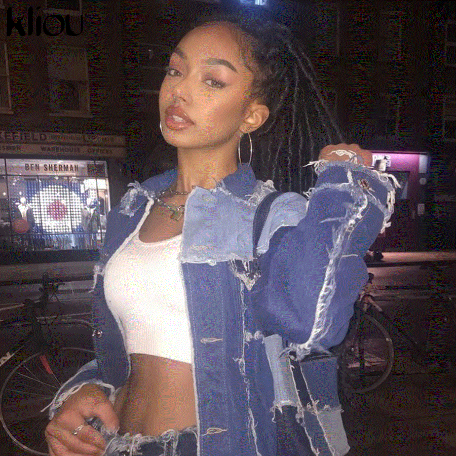 2021 High quality Hot Selling Patchwork Color Match Jeans Jacket Women Long Sleeve Street Style  Fashion Denim Jacket
