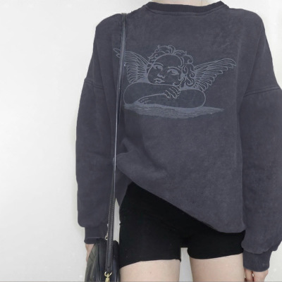 2021 High quality Cartoon Print Long Sleeve Pullover Sweatshirt Womens casual Loose Hoodie Top