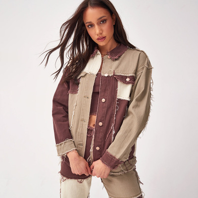 2021 High quality Hot Selling Patchwork Color Match Jeans Jacket Women Long Sleeve Street Style  Fashion Denim Jacket