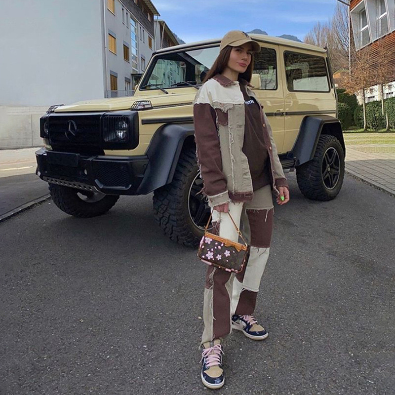 2021 High quality Hot Selling Patchwork Color Match Jeans Jacket Women Long Sleeve Street Style  Fashion Denim Jacket