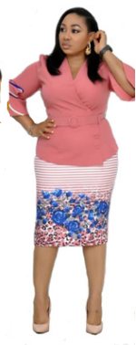 2021 High quality African plus size women's printed striped V-neck flared sleeve commuter dress