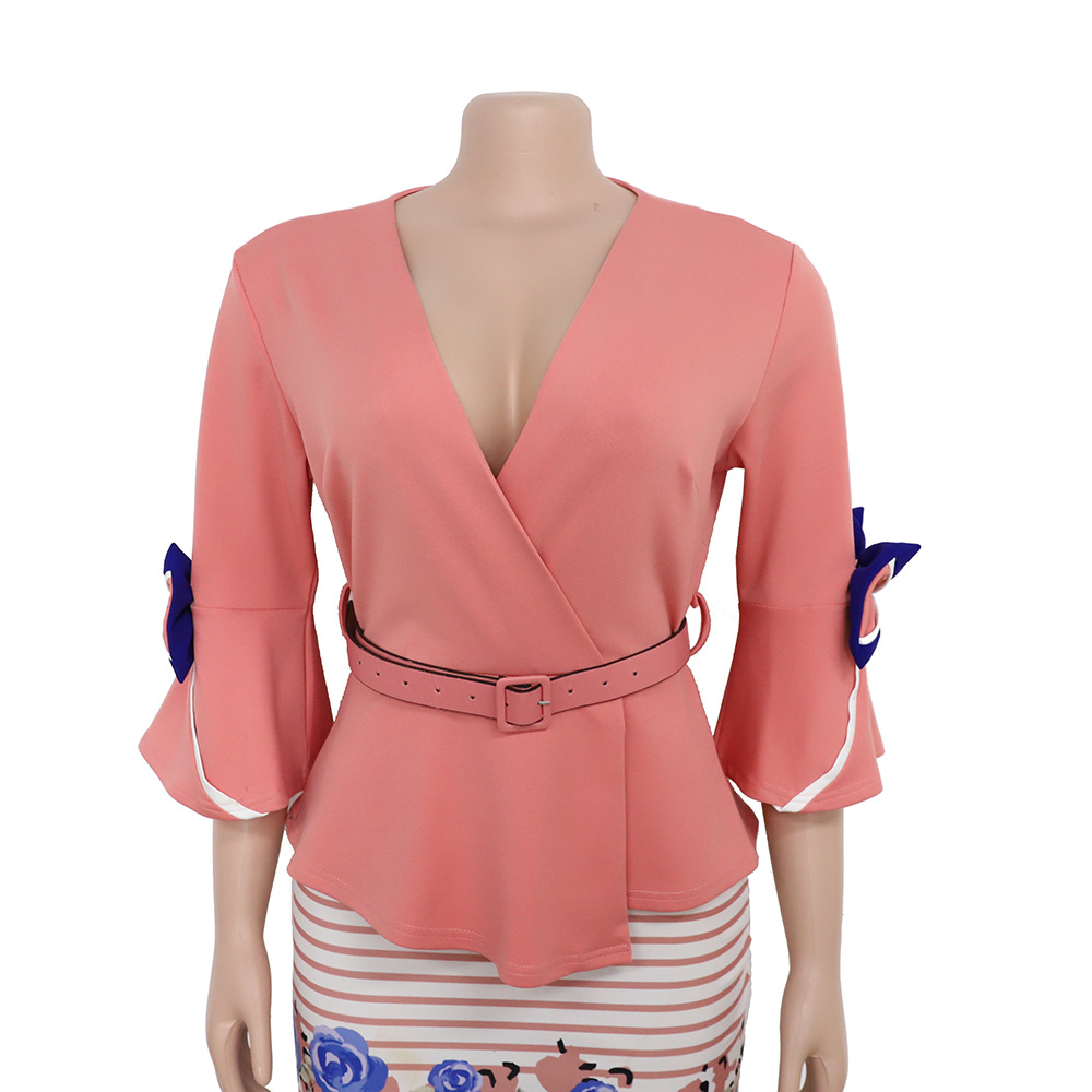 2021 High quality African plus size women's printed striped V-neck flared sleeve commuter dress