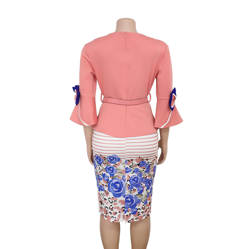 2021 High quality African plus size women's printed striped V-neck flared sleeve commuter dress