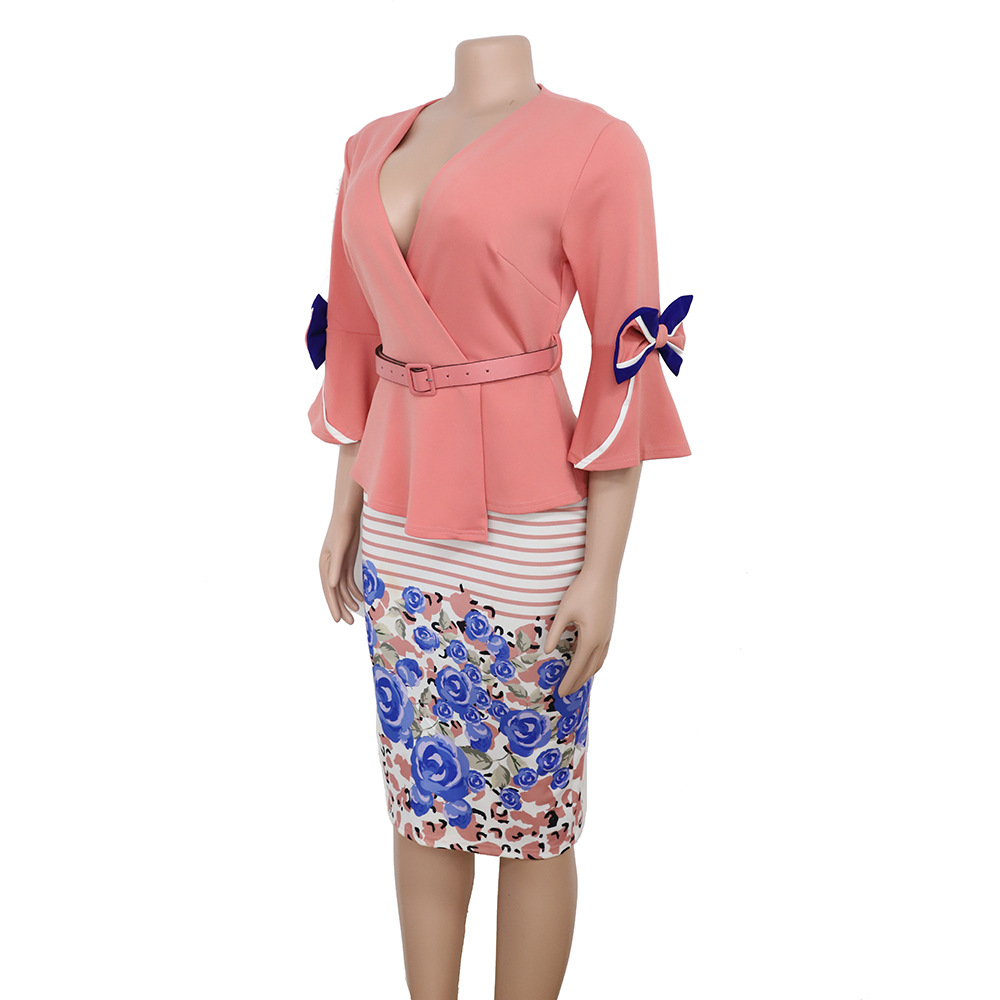 2021 High quality African plus size women's printed striped V-neck flared sleeve commuter dress