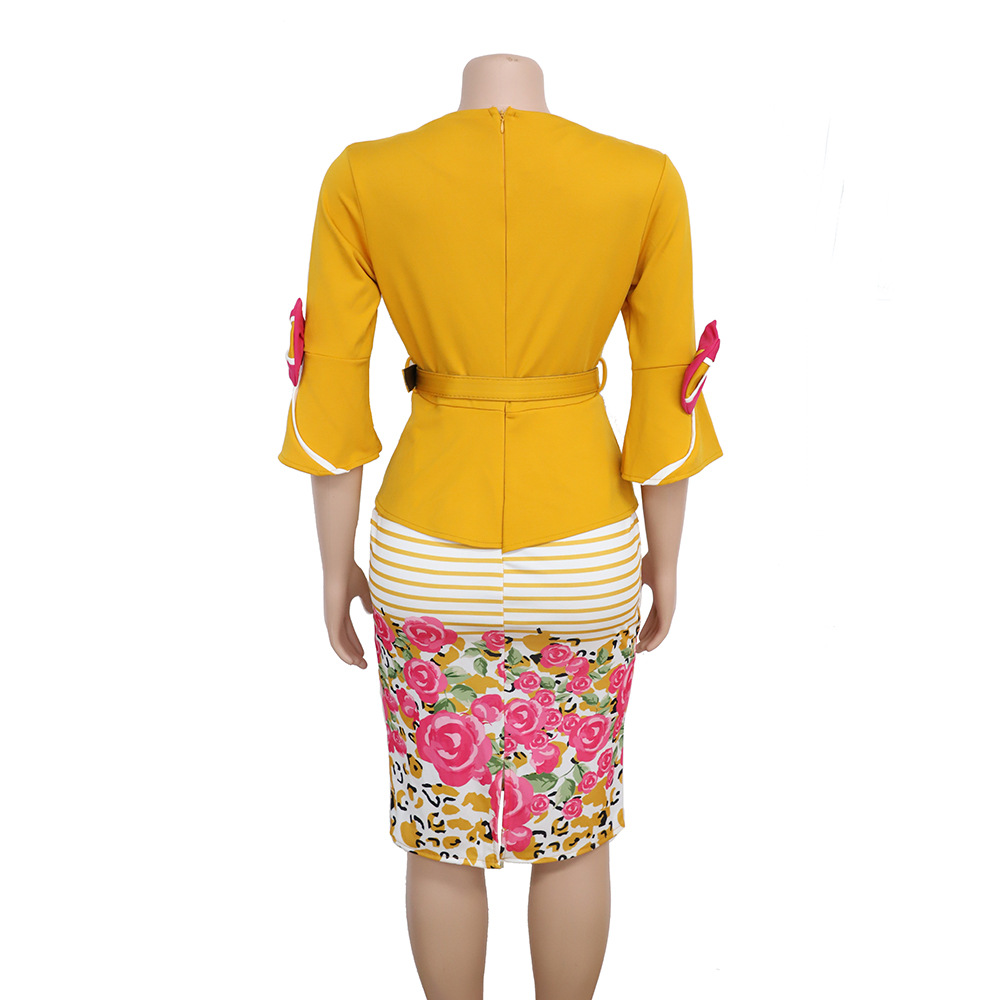 2021 High quality African plus size women's printed striped V-neck flared sleeve commuter dress